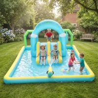 AIYAPLAY Castelo Insuflável Aquático 7 em 1 com Insuflador 450W 2 Escorregas Trampolim Piscina Cesto Coluna de Boxe 426x360x198 cm Multicor(m-4)