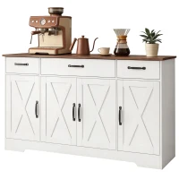 HOMCOM Bufet, mobilier de depozitare pentru bucătărie în stil rustic cu 4 uși tip hambar, 3 sertare, etajere reglabile, alb(m-7)