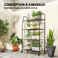 Outsunny Étagère à Fleurs en métal 4 Niveaux avec roues Intérieur et Extérieur, support de plantes 67 x 29 x 114 cm Noir(m-4)
