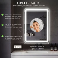 HOMCOM Miroir de salle de bain rectangulaire LED fonction anti-buée luminosité réglable fonction mémoire 70 x 90 cm argent(m-4)