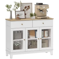 HOMCOM Comodă Bucătărie cu 2 Dulapuri și 2 Sertare, Uși din Sticlă Temperată Șanțată, Bufet pentru Living cu Rafturi Reglabile, pentru Sufragerie, 100x35x80.3 cm, Alb și Stejar(m-11)
