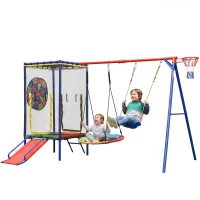 Parque infantil exterior 5 en 1, trampolín con red de seguridad y cremallera, para niños de 3–8 años, 336x217x198 cm, Multicolor(m-1)