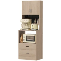 HOMCOM Meuble micro-ondes, buffet, 2 tiroirs, 2 portes, plan de travail, étagère réglable, panneau perforé, 4 crochets, naturel(m-1)