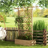 Outsunny Plantenbak met Klimrek, Vierkante Houten Plantenbox met Rugleuning Spalier voor Klimplanten en Dak(m-10)
