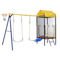 Juego exterior multifuncional 4 en 1 para niños, trampolín con red de seguridad, para 3–8 años, 336x217x238 cm, Multicolor(m-8)