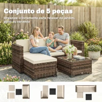 Outsunny Conjunto de Jardim em Vime de 5 Peças Inclui Almofadas 2 Poltronas de Canto Poltrona sem Braços Apoia-Pés e Mesa de Centro Cáqui(m-4)
