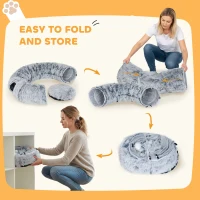 PawHut Tunnel gatto con letto ciambella e cuscino lavabile, 90x80x27 cm, Grigio chiaro(m-4)