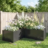 Outsunny Pat înălțat în formă de L pentru flori, rezistent la intemperii, pat de plantare/seră timpurie din oțel zincat 150 x 150 x 55 cm Negru(m-5)