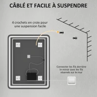 HOMCOM Miroir de salle de bain rectangulaire LED fonction anti-buée luminosité réglable fonction mémoire 70 x 90 cm argent(m-9)