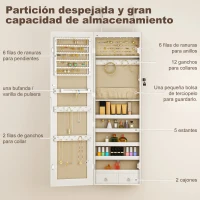 HOMCOM Espejo Joyero con Luz LED Armario Joyero Montado en la Pared o en la Puerta con Cerradura Espejo Entero Blanco(m-6)