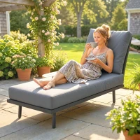 Outsunny Șezlong de grădină cu perne lavabile din olefină și raft lateral, cadru metalic, 58x137x75cm, gri(m-5)