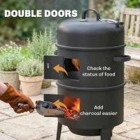 Outsunny 3-in-1 Vertical Charcoal Smoker with 2 Grill Grates, Built-in Thermometer, Adjustable Vent, 2 Doors(m-7)