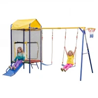 Juego exterior multifuncional 4 en 1 para niños, trampolín con red de seguridad, para 3–8 años, 336x217x238 cm, Multicolor(m-1)