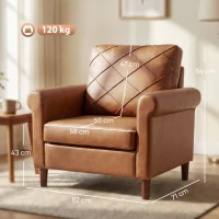 HOMCOM Sofá Individual Tapizado en PU Cojín Grueso Respaldo con Costuras Patas de Madera Maciza Marrón(m-3)