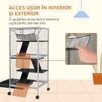 PawHut Cușcă pentru Porcușori de Guineea și Chinchilla, din Oțel, cu 3 Niveluri, Roți și Tavă Detasabilă, Gri Deschis(m-7)