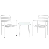Outsunny Ensemble bistrot 3 pièces en métal avec 2 chaises de jardin, table en verre, design à lattes, résistant à la rouille(m-7)
