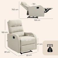 HOMCOM Sillón Relax Reclinable Sofá Relax Tapizado en PU con Reposapiés Retráctil para Dormitorio Salón 65x89x100 cm Crema(m-3)