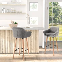 HOMCOM Set of 2 Linen Bar Stools with Solid Wood Legs, Metal Frame & High Back – Grey(m-12)