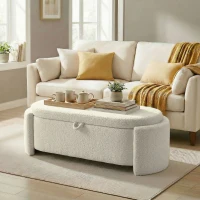 HOMCOM Banco de almacenaje, banco al pie de la cama ovalado en polar Teddy con asiento amplio, 129 x 48,5 x 44 cm, crema(m-6)