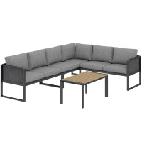 Outsunny Conjunto de jardín exterior modular en esquina para 6 personas, sofás, mesa baja y cojines, gris oscuro(m-1)