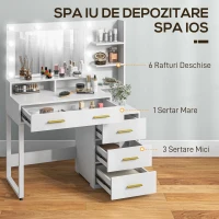 HOMCOM Masă de Machiaj din Lemn cu 4 Sertare, 6 Rafturi Deschise și Oglindă, 100x40x138 cm, Alb(m-4)