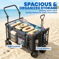 Outsunny Cărucior de grădină pliabil cu roți mari blocabile, bară reglabilă și suport pentru pahare pentru camping 125x59x133 cm Negru(m-5)