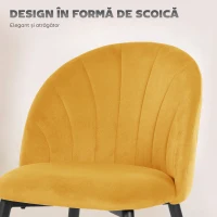 HOMCOM Set de 2 Scaune pentru Sufragerie din Catifea, Scaune pentru Bucătărie cu Spătar Curbat în Formă de Scoică, Picioare din Oțel, Stil Nordic, Scaune Căptușite pentru Bucătărie, Dormitor, Living, Galben(m-4)