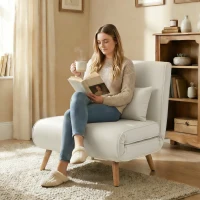 HOMCOM Poltrona conversível 3 em 1 poltrona-cama 1 lugar encosto 5 posições em tecido com almofada, creme(m-4)