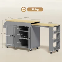 HOMCOM Insulă de Bucătărie pe Roți Blat Extensibil 4 Uși Rafturi Reglabile Suport pentru Condimente și Prosoape Gri(m-3)