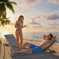 Outsunny 2-delige set strandmat met verstelbare rugleuning opvouwbaar lichtgewicht strandligstoel met kussen opbergvak(m-9)