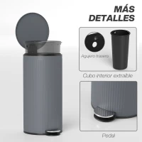 HOMCOM Cubo de Basura Cocina 30L con Pedal Tapa de Cierre Suave y Cubo Extraíble para Dormitorio Oficina Estudio Salón Gris(m-7)