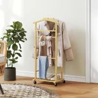 HOMCOM Galán de Noche de Bambú con Ruedas Colgadores Barras para Pantalones Bandeja y Zapatero 47x33,7x105,5 cm Natural(m-2)