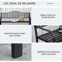 Outsunny Bancă de Grădină cu 2-3 Locuri din Metal, Bancă de Exterior cu Măsuță Extensibilă, Spătar cu Șipci și Cotiere, pentru Balcon, Terasă și Curte, 150x58.5x90 cm, Negru(m-5)