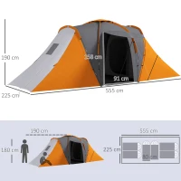 Outsunny Tenda tunnel 4-6 persone impermeabile 2000 mm con 2 camere, Grigio e Arancione(m-3)
