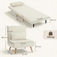 HOMCOM Poltrona conversível 3 em 1 poltrona-cama 1 lugar encosto 5 posições em tecido com almofada, creme(m-3)