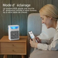 HOMCOM Climatiseur portable, mini rafraîchisseur d'air 4 en 1, 3 vitesses, 2 modes brumisation, éclairage LED RGB 7 LED, blanc(m-7)