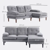 HOMCOM Sofá Esquinero de 3 Plazas Tapizado en Chenilla en Forma de L con Patas de Madera y Reposabrazos 215x142x88 cm Gris(m-3)