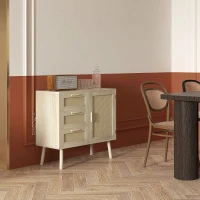 HOMCOM Meuble de rangement buffet style bohème 3 tiroirs et 1 porte façades rotin  - dim. 80L x 36l x 75H cm(m-10)