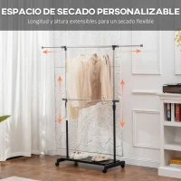 HOMCOM Tendedero Extensible con Ruedas con Barra de Acero Inoxidable y Estante para Zapatos 159x42x168 cm Negro y Plata(m-4)