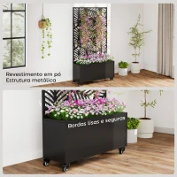 Outsunny Floreira Exterior Grande com Rodas e Painel de Privacidade com Folhas de Monstera Estrutura de Metal 90x30x160 cm Preto(m-7)