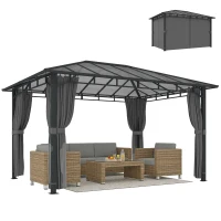 Outsunny 3 x 4 m Outdoor Hardtop Gazebo Canopy with PC Roof, Aluminium Permanent Pavilion Garden Gazebo with Curtains, Dark Grey(m-10)