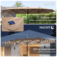 Outsunny parasol met LED dubbele parasol 440 x 260 cm tuinparasol marktparasol grote terrasparasol met handslinger ovaal metaal kaki(m-4)