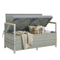 Outsunny Tuinbank polyrattan 170L tweezitter bank met opbergruimte afneembaar kussen ritssluiting voering houten armleuningen(m-11)
