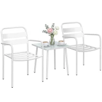 Outsunny Bistroset 3-delig metalen tuinmeubelset met 2 tuinstoelen, glazen tafel, lattenontwerp, roestbestendig(m-10)