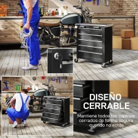 HOMCOM Carro de Herramientas con Ruedas Carro de Taller de Acero con 5 Cajones Conectores Laterales para Garaje Negro y Plata(m-5)