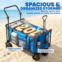 Outsunny Chariot de Jardin Pliable avec Grandes Roues Verrouillables Barre Réglable Porte-gobelet pour Camping 125x59x133 cm Azul(m-5)