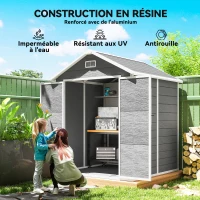 Outsunny Abri de jardin en résine 2,7 m² avec plancher portes à loquet 3 fenêtre structure en aluminium 240 x 190 x 228 cm gris(m-4)