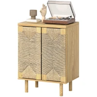 HOMCOM Aparador Bohemio de 2 Puertas con Cuerda Tejida a Mano Estante Ajustable Apertura por Presión Roble 60x40x78 cm(m-11)