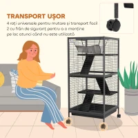 PawHut Cușcă pentru Porcușori de Guineea și Cincile din Oțel cu 3 Nivele, Roți și Tavă Detașabilă, Gri Închis(m-5)