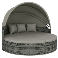 Outsunny Tumbona redonda, cama de jardín exterior modular 3 PSC en resina trenzada con dosel retráctil, gris claro